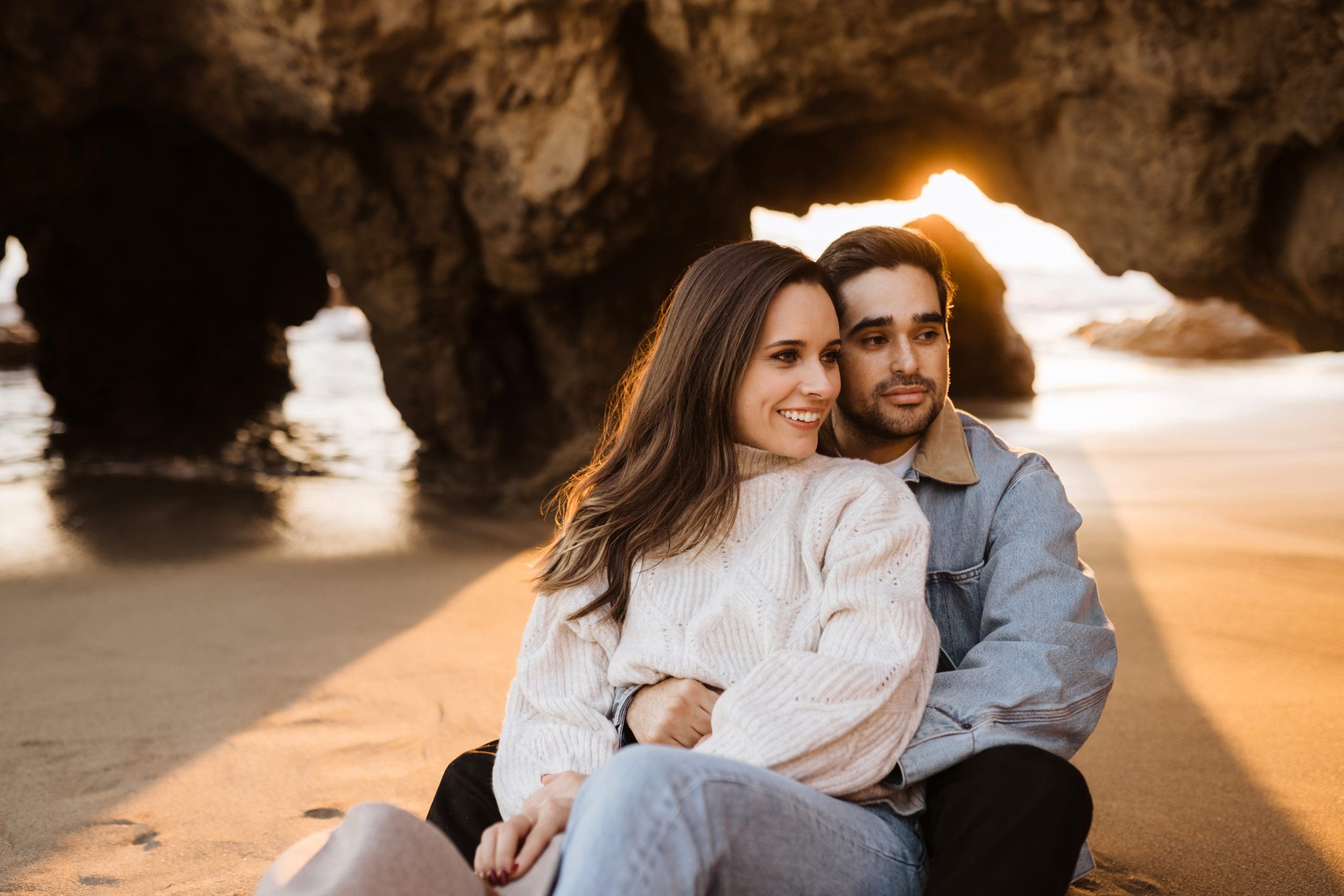 Happy Couple During Malibu Beach Engagement Session | Kelly O'Connor Photography | Austin Based Wedding Photographer | El Matador Beach | couples poses, couple smiling at each other, beach photos, casual beach photos, outfit ideas for engagement photos, outfit ideas for beach | via kellyoconnorphotography.com