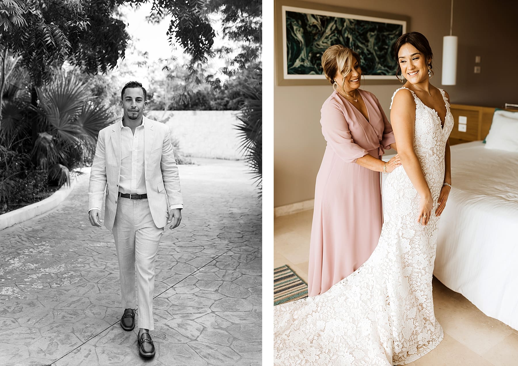 Brides mom buttoning dress on wedding day | Beach Wedding at Dreams Playa Mujeres in Cancun | Kelly O'Connor Photography | Destination Wedding Photographer | wedding photography, beach wedding, Mexico destination wedding | via kellyoconnorphotography.com
