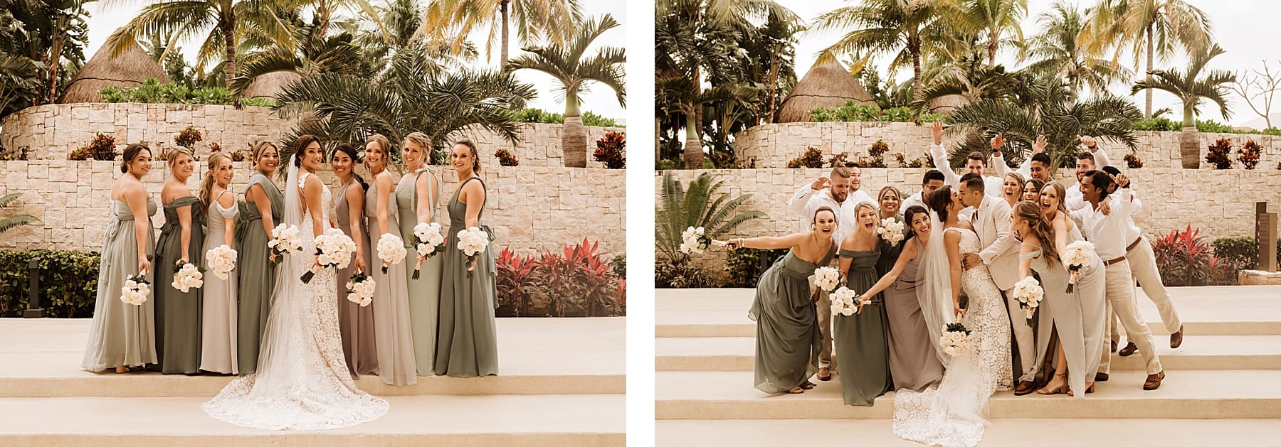 Photos with wedding party before beach ceremony