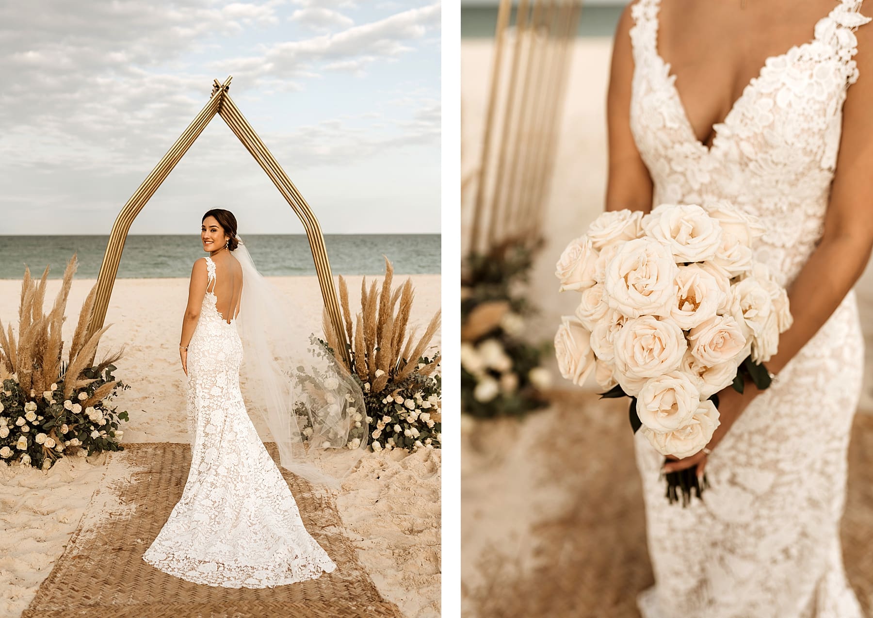 Bride on beach after wedding in all lace wedding gown | Kelly O'Connor Photography | Destination Wedding Photographer | Dreams Playa Mujeres Wedding | wedding photography, beach wedding, Mexico destination wedding | via kellyoconnorphotography.com