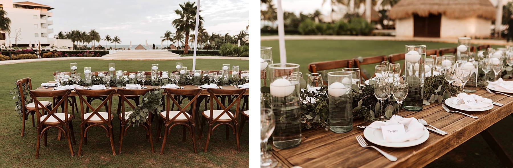 Wedding Day Details at Cancun Destination Wedding  | Kelly O'Connor Photography | Destination Wedding Photographer | Dreams Playa Mujeres Wedding | wedding photography, beach wedding, Mexico destination wedding, reception signs, table setting, wedding decor, greenery decor, classic decor | via kellyoconnorphotography.com