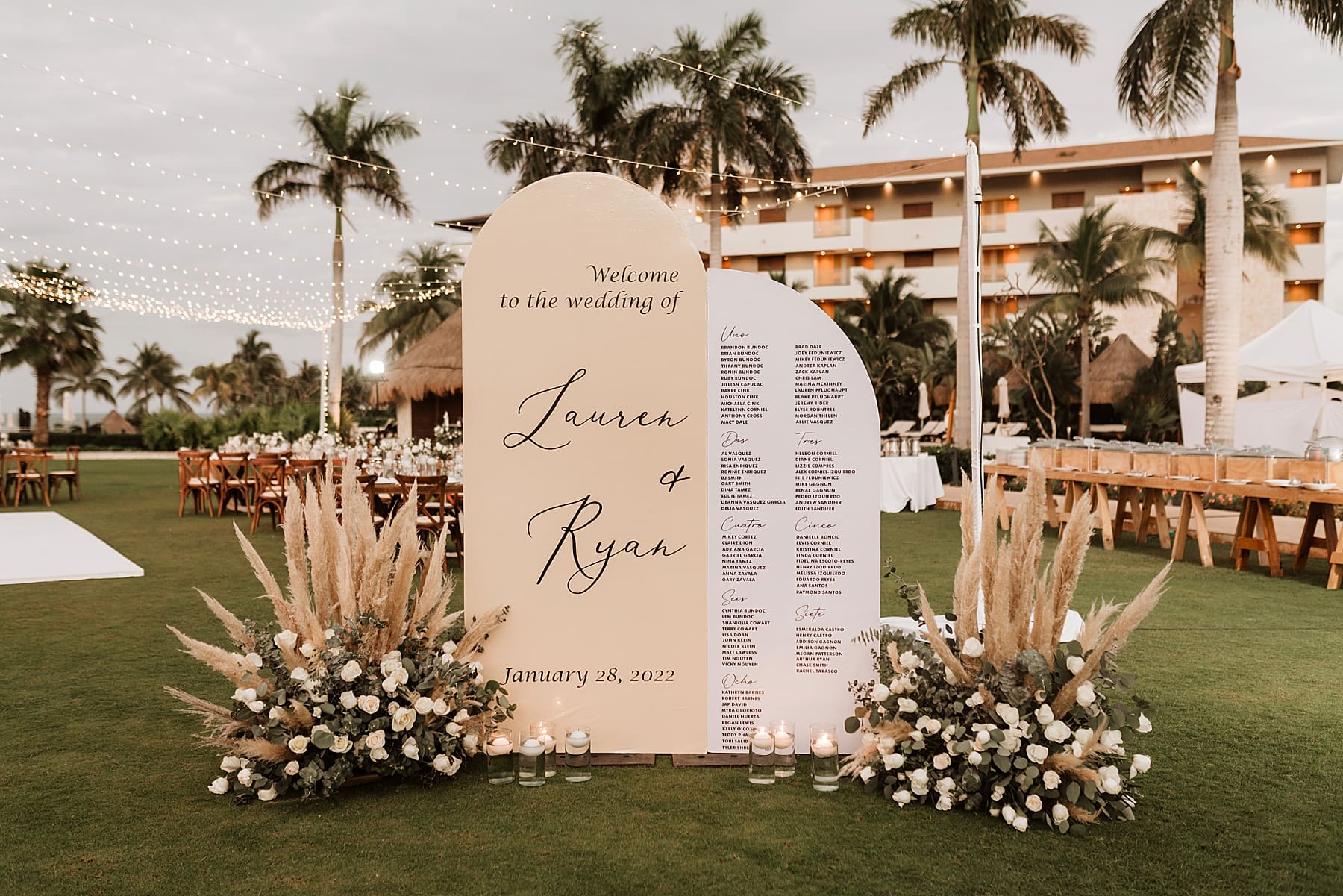 Wedding Day Details at Cancun Destination Wedding  | Kelly O'Connor Photography | Destination Wedding Photographer | Dreams Playa Mujeres Wedding | wedding photography, beach wedding, Mexico destination wedding, reception signs, table setting, wedding decor, greenery decor, classic decor | via kellyoconnorphotography.com