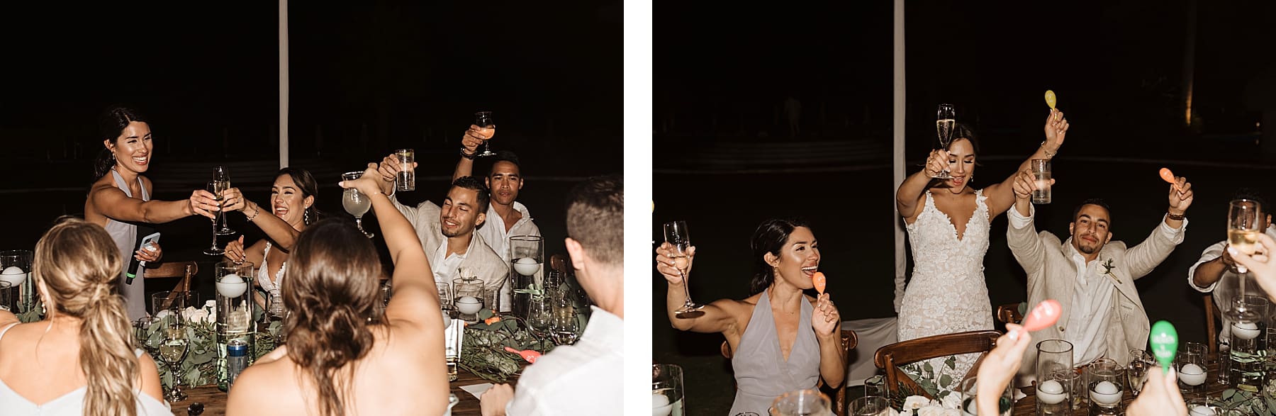 Outdoor wedding reception under draped lights in Mexico | Kelly O'Connor Photography | Destination Wedding Photographer | Dreams Playa Mujeres Wedding | first dance, reception photos, guests dancing | via kellyoconnorphotography.com