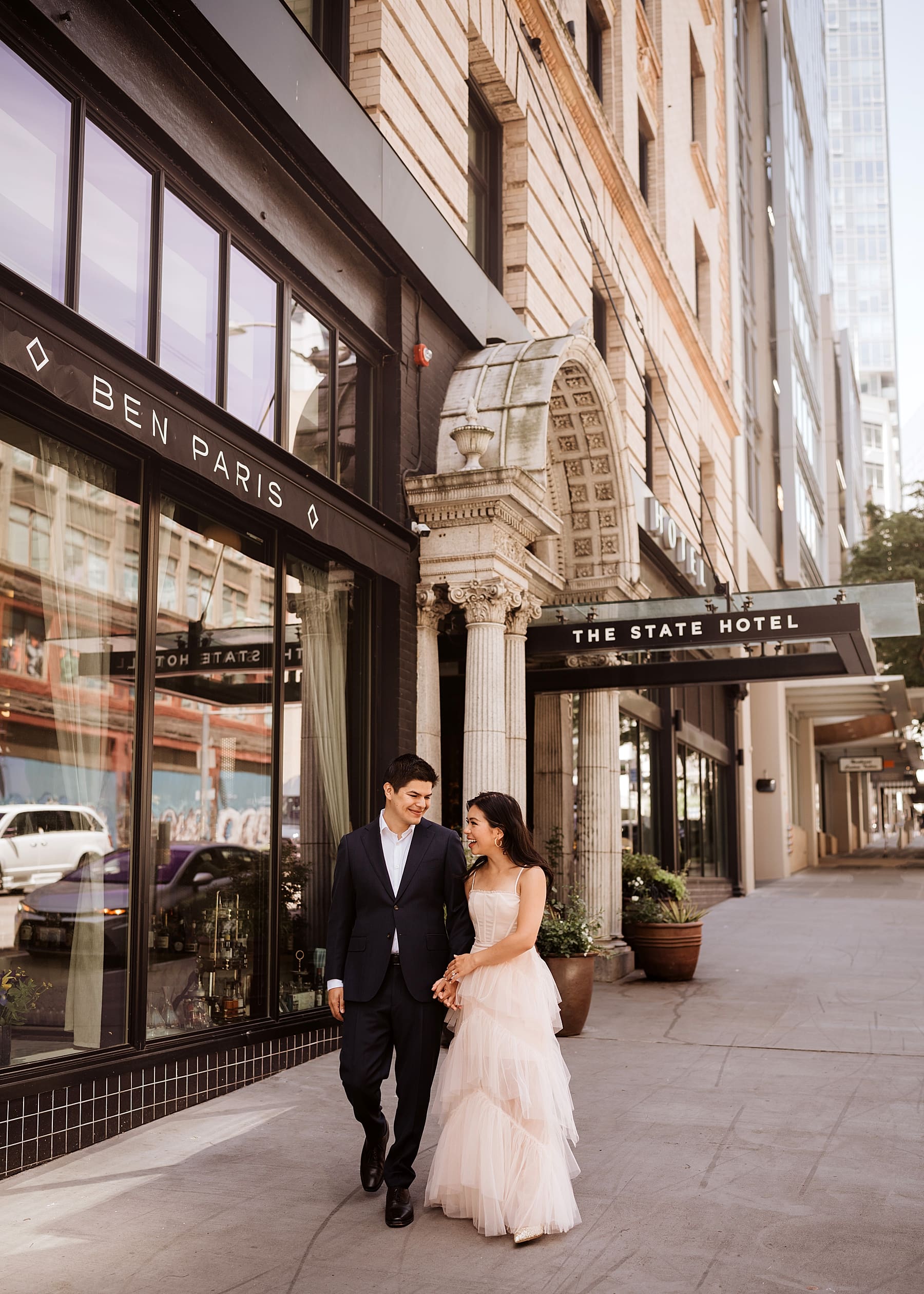 The State Hotel Seattle Engagement Session | Kelly O'Connor Photography | Destination Wedding Photography | couples portraits, chic outfits for engagement session, classic outfits for engagement session | via kellyoconnorphotography.com