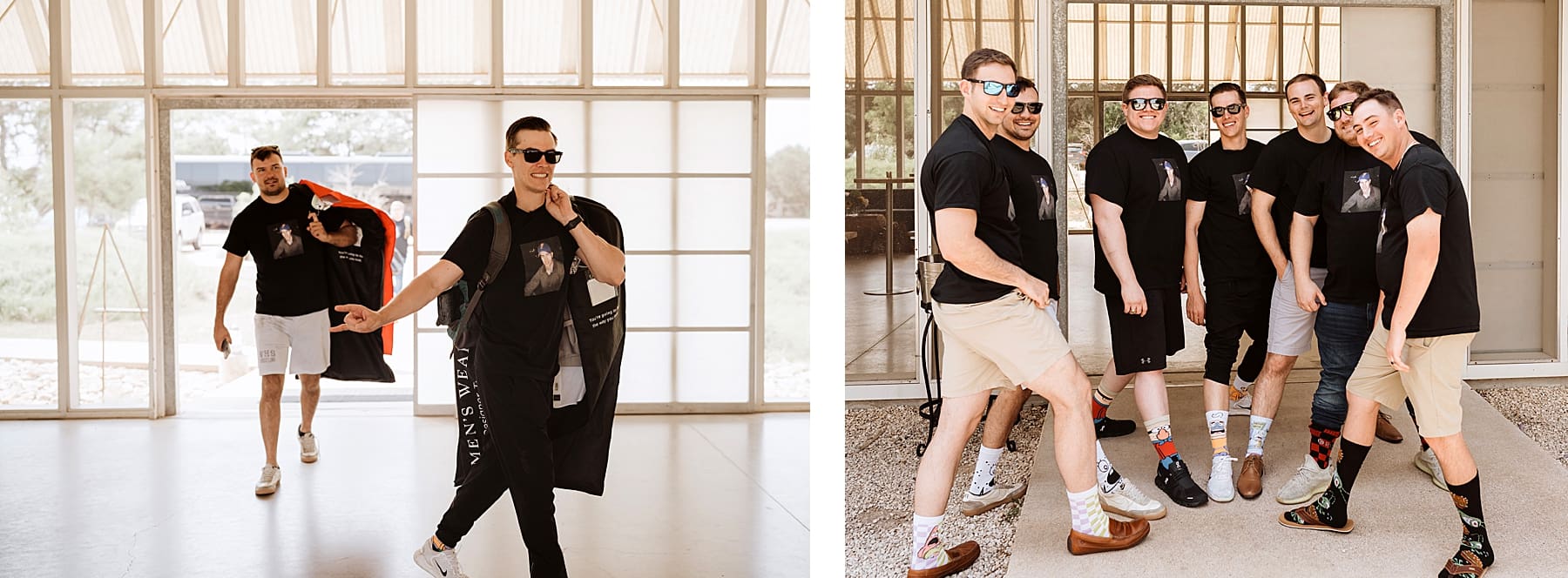 Groomsmen getting ready on wedding day | Kelly O'Connor Photography | Austin Wedding Photographer | Prospect House Wedding Day | edgy wedding ideas, groom and groomsmen fun socks, outfit attire for groomsmen, groom in suite | via kellyoconnorphotography.com