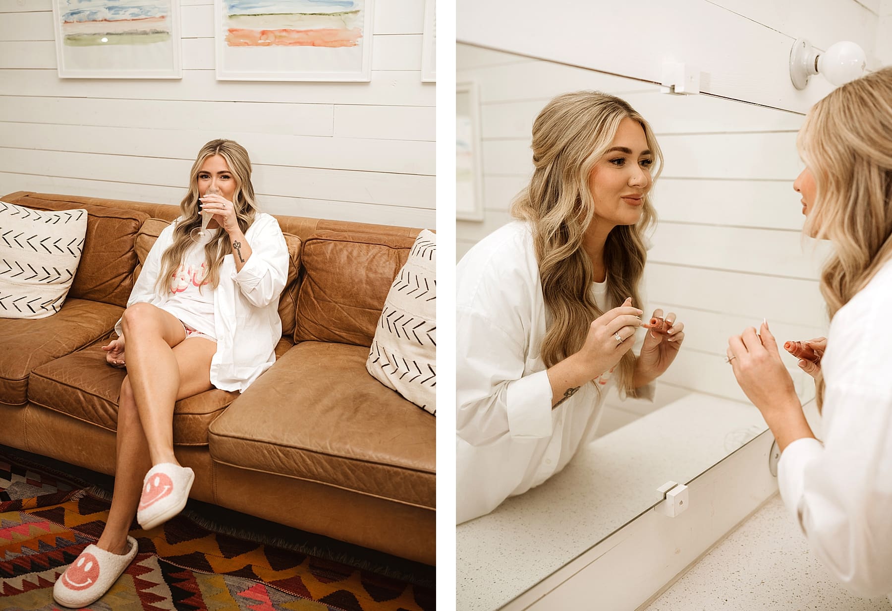 Bride getting ready with bridesmaids on wedding day | Kelly O'Connor Photography | Austin Wedding Photographer | Prospect House Wedding Day | edgy wedding ideas, bride putting on lipstick, bride in converse | via kellyoconnorphotography.com