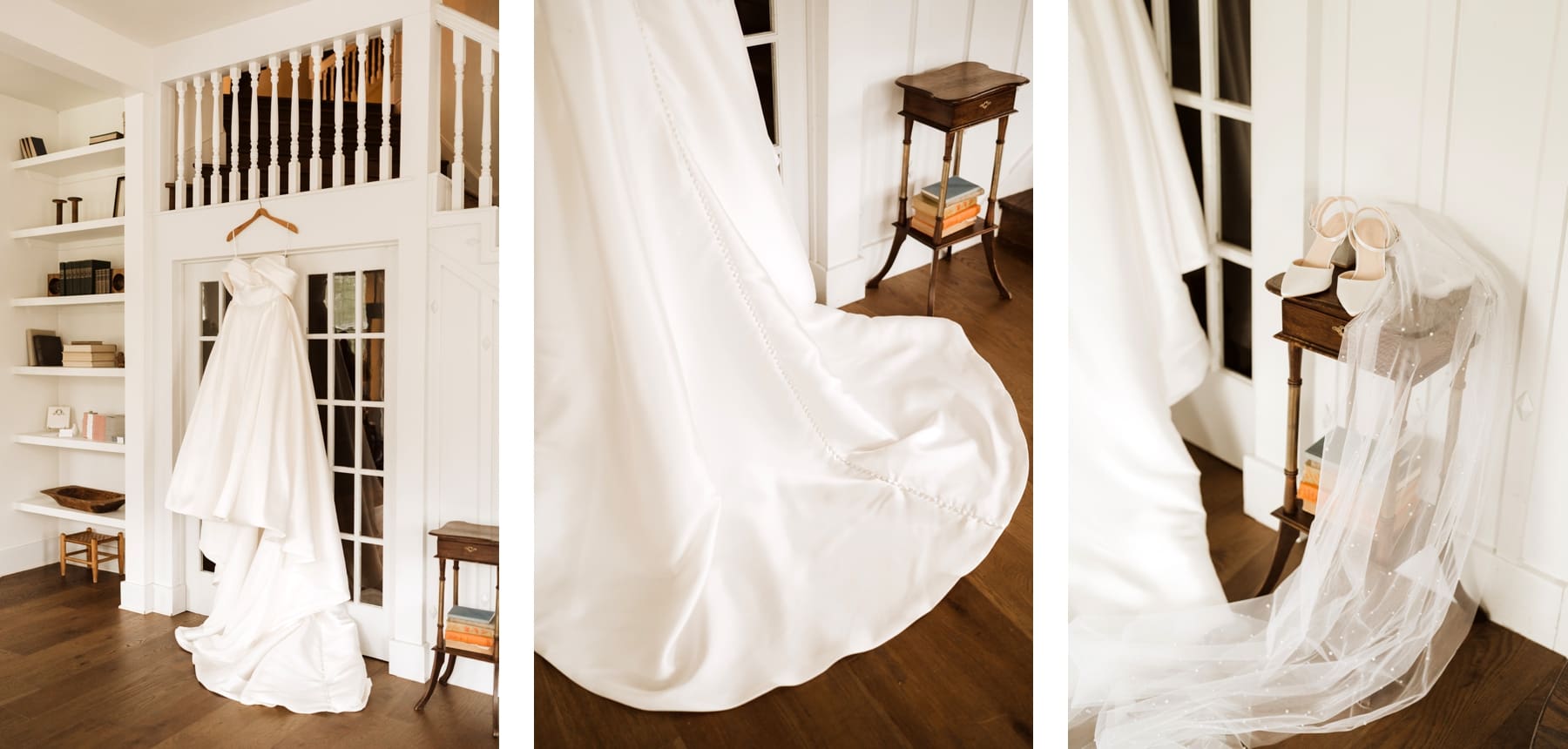 Ballgown bridal dress hanging on wooden hanger from door | The Grand Lady in Austin, Texas | Kelly O'Connor Photography | Austin Wedding Photographer