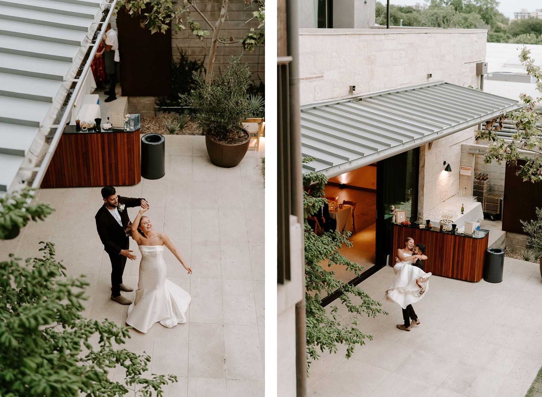 Outdoor wedding reception under twinkle lights in Hotel Magdelena courtyard in Austin, Texas. | Kelly O'Connor Photography