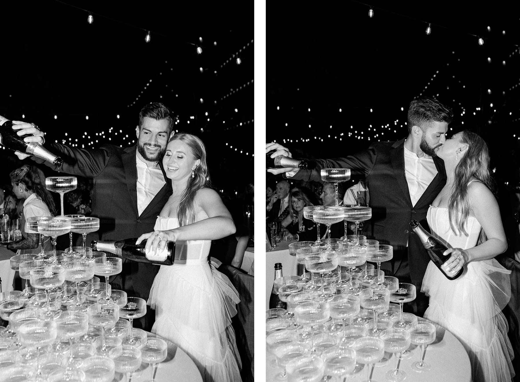 Outdoor wedding reception under twinkle lights in Hotel Magdelena courtyard in Austin, Texas. | Kelly O'Connor Photography