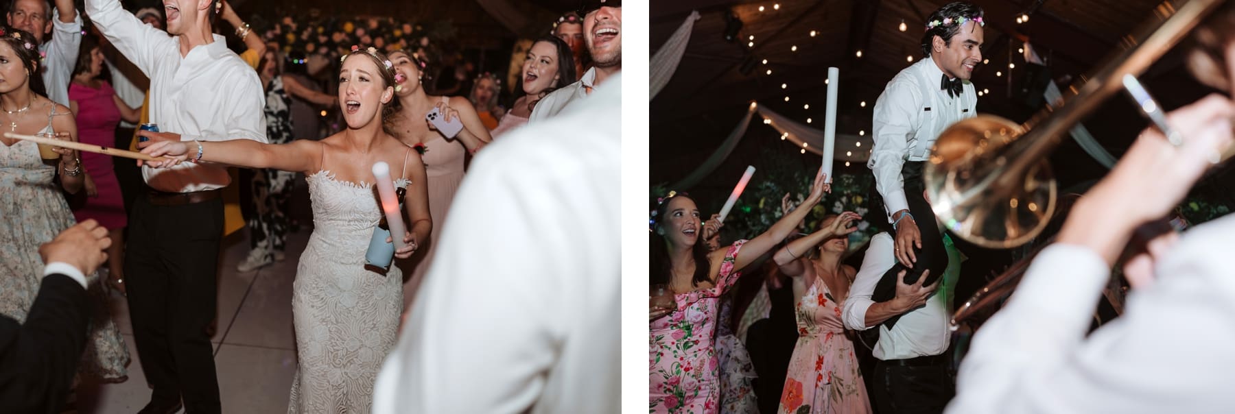 Bride and groom dancing with guests at reception at Sallie Bush Community Building