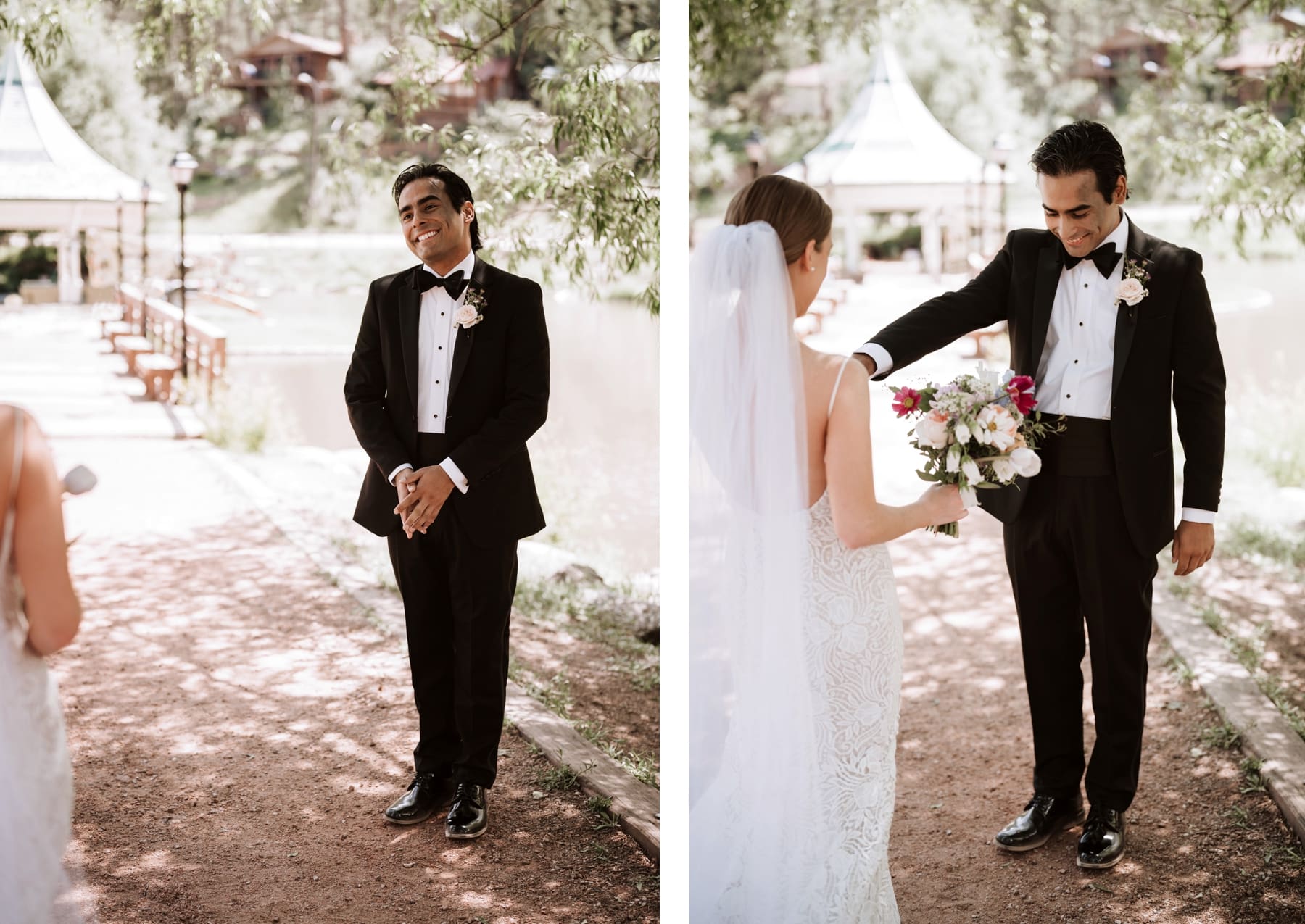 Groom reacting to seeing bride during first look