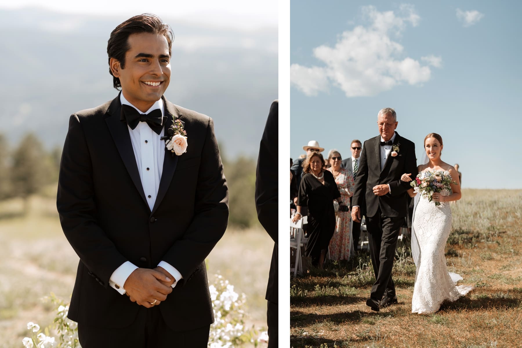 Groom watching brand walk down the aisle | bride walking down the aisle with her dad at outdoor Colorado ceremony 