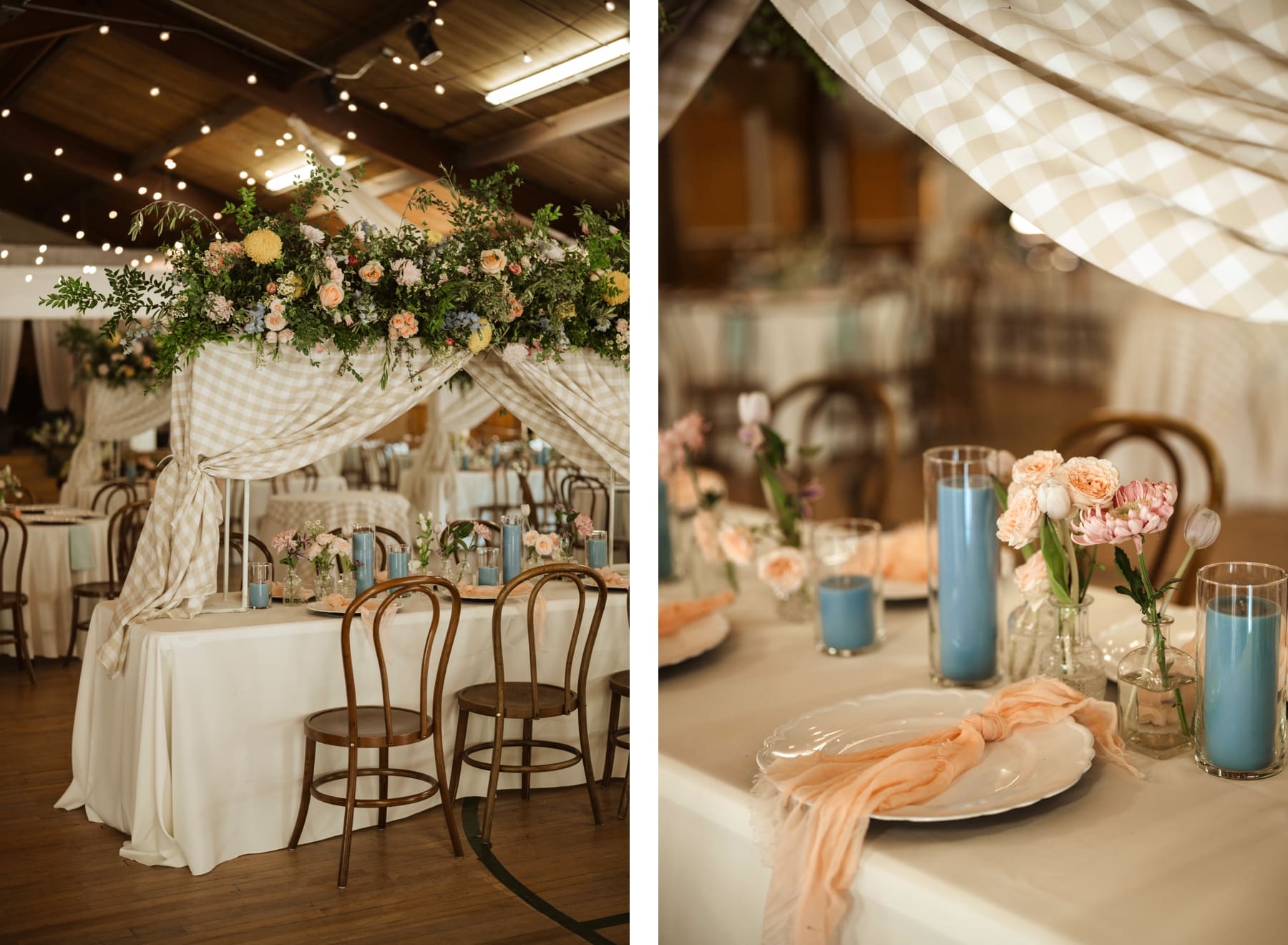 Wedding reception featuring gingham draping, whimsical floral installations, and blue pillar candles | blue pillar candles on table with small wildflower arrangements 