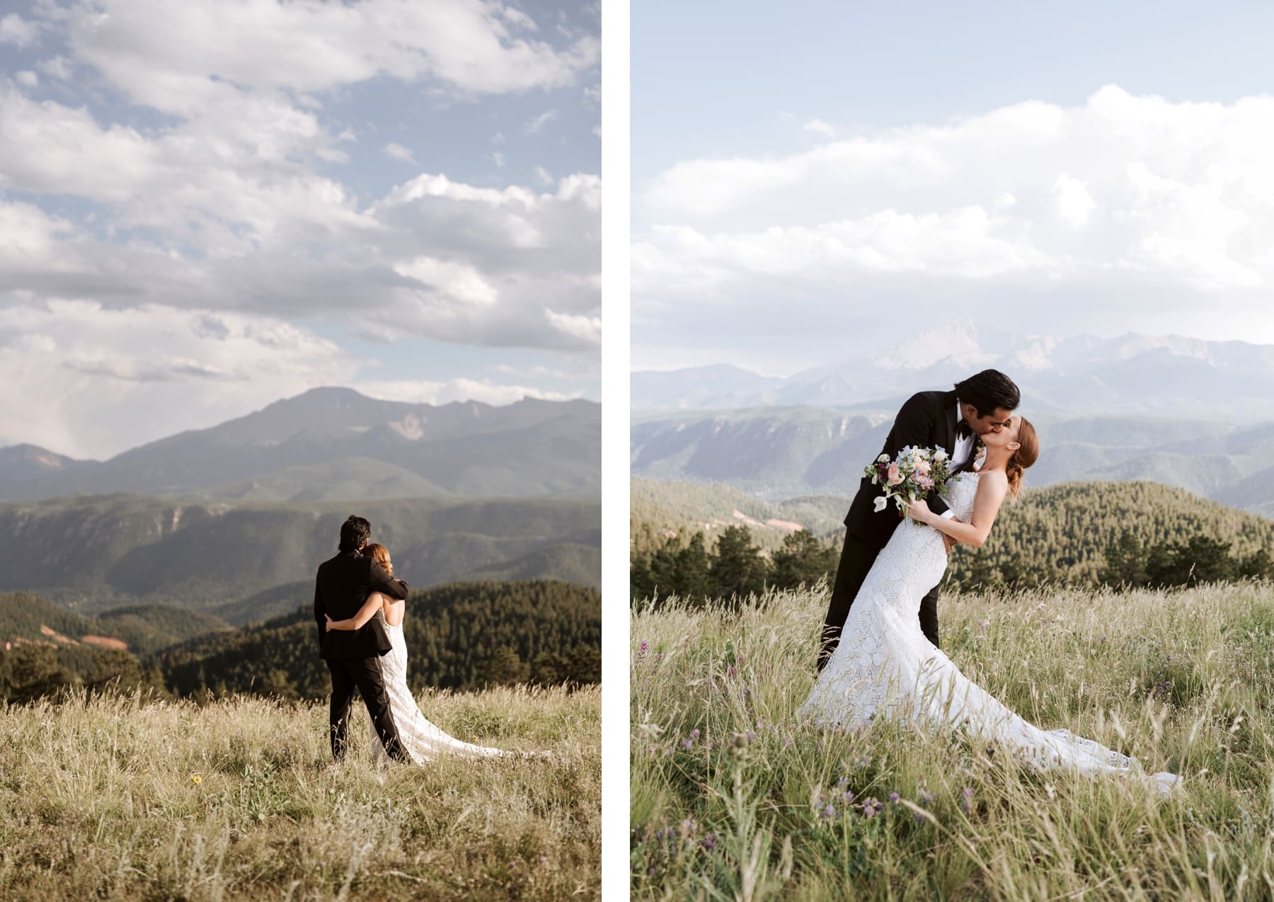 Bride and groom hugging each other and looking out at mountains | groom dipping bride in front of Rocky Mountains 