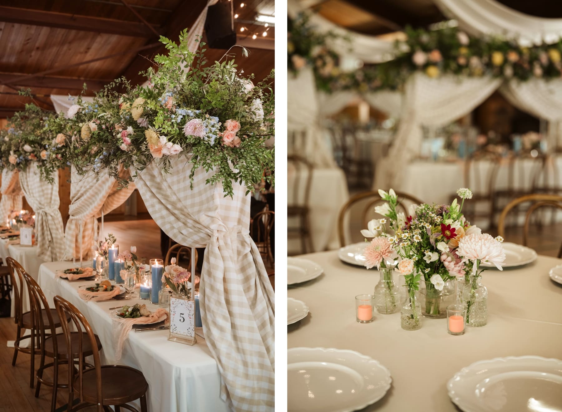 Whimsical wildflowers at wedding reception with gingham details | eclectic floral arrangements on table