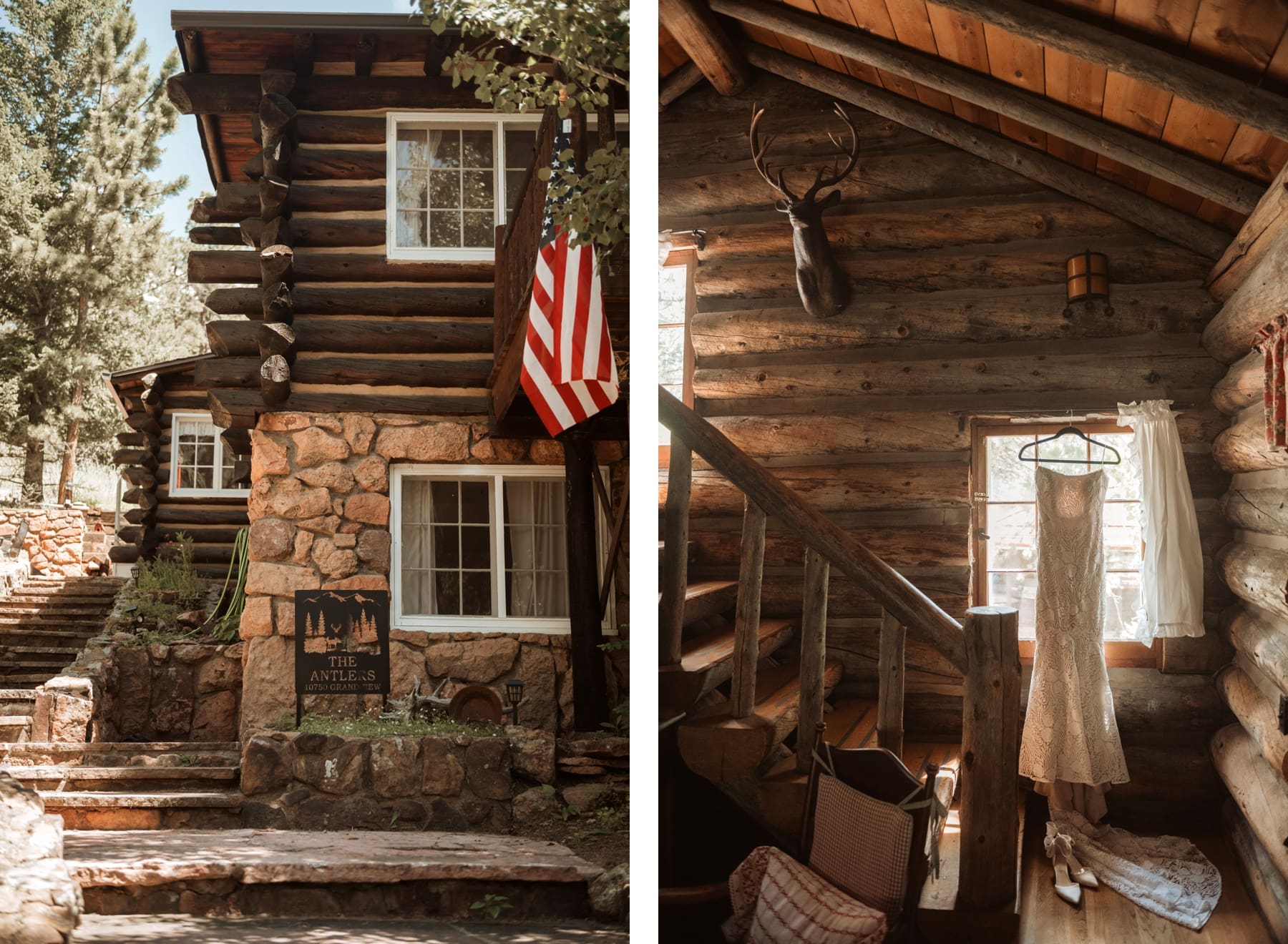 Log and wood cabin near Colorado Springs | wedding dress hanging in window of Colorado cabin