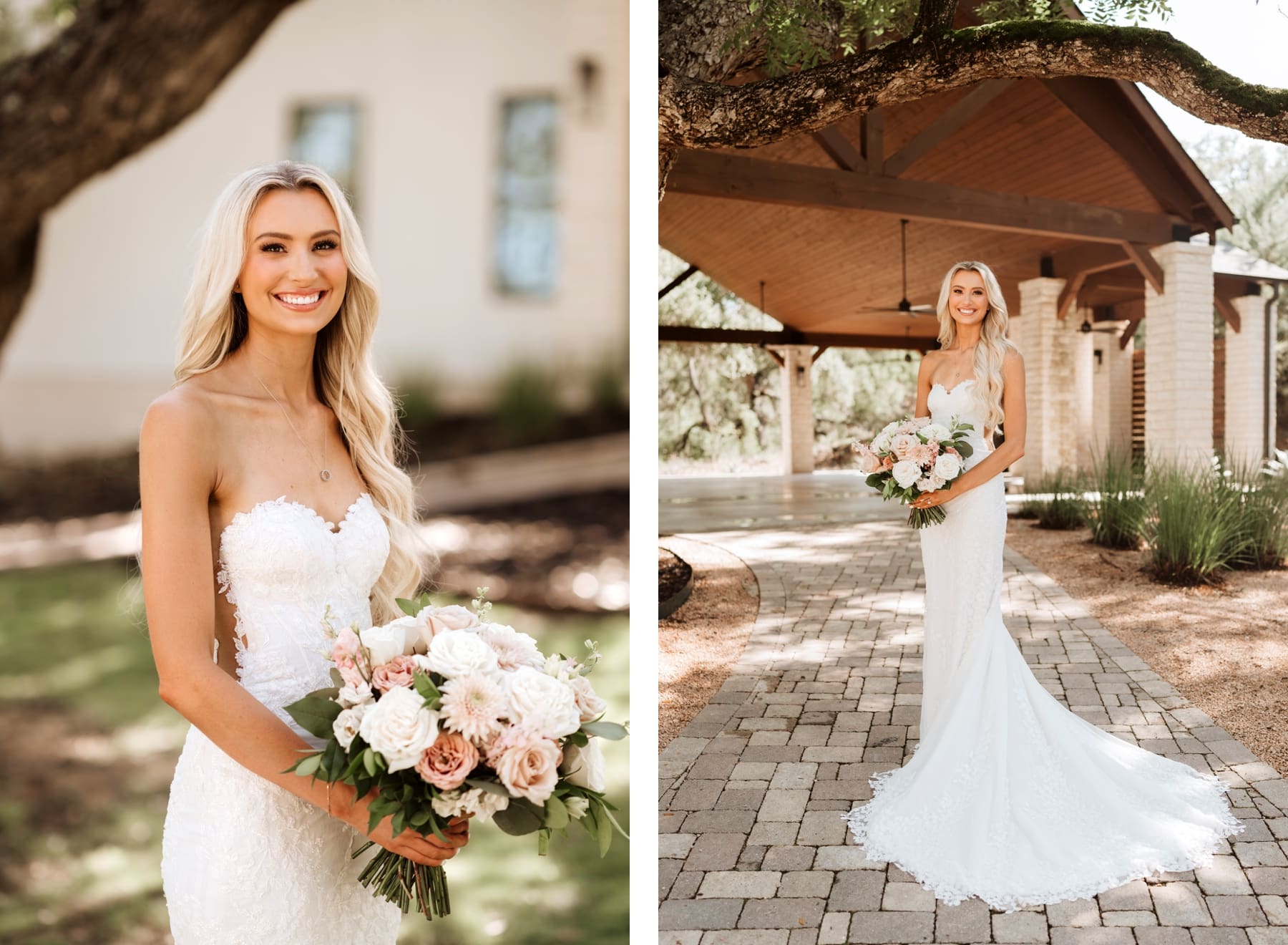 Bride holding bouquet full of pink and white flowers standing in front of Hayes Hollow at Hidden Falls