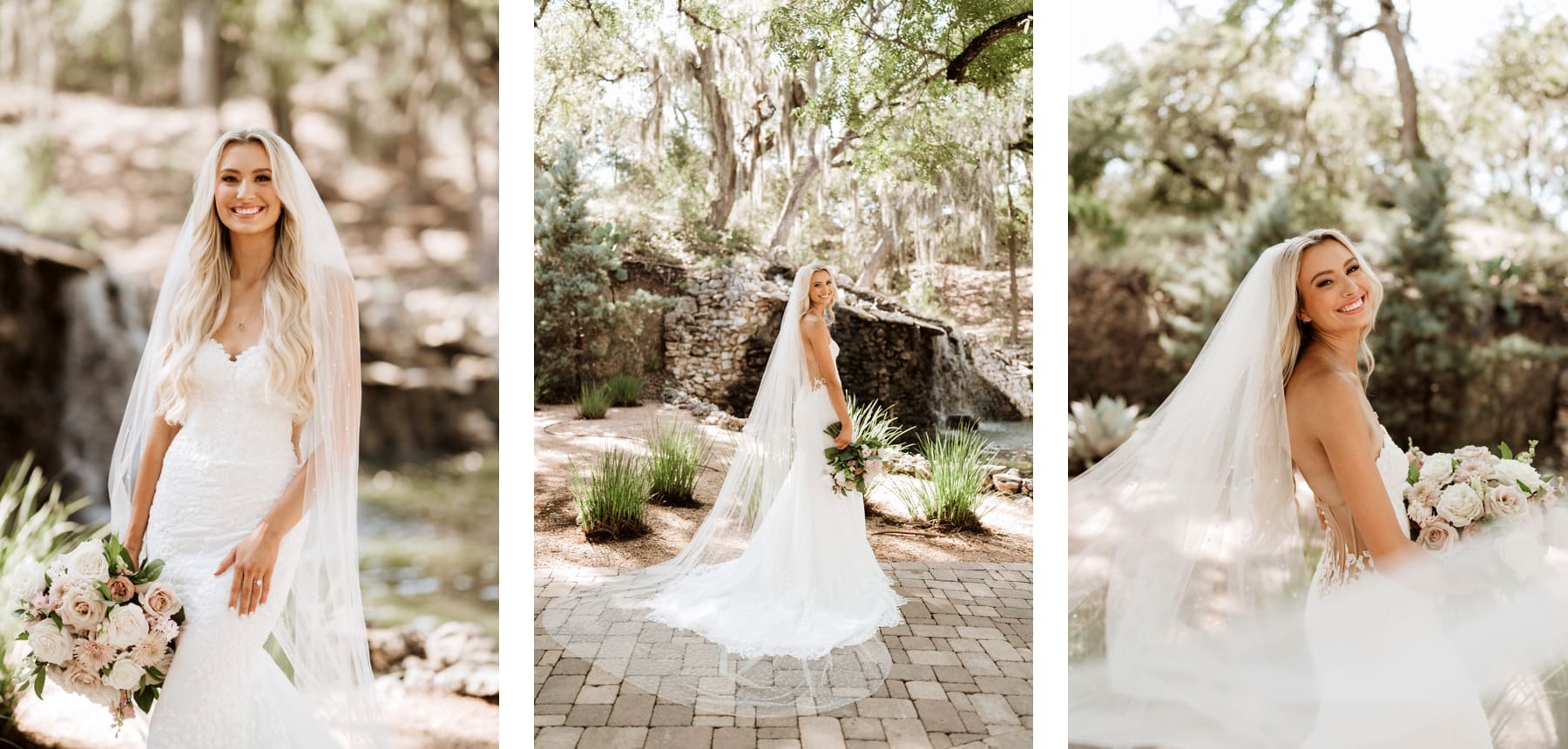 Bride wearing veil and form fitting lace dress at Hayes Hollow at Hidden Falls