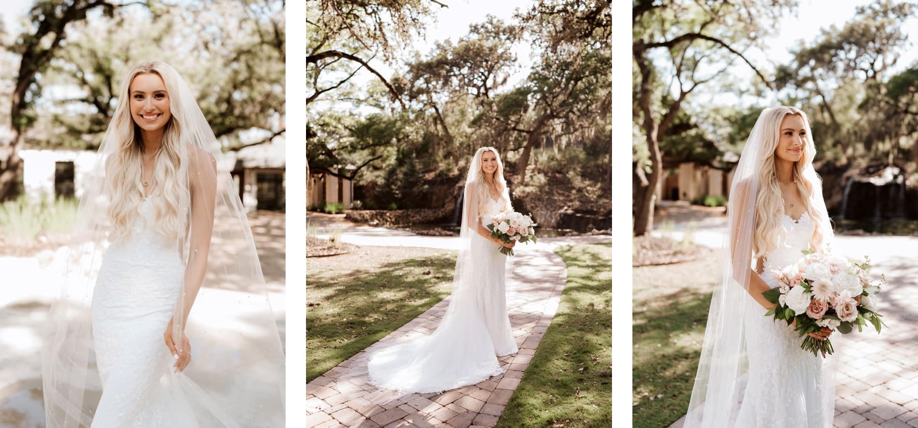 Bride wearing veil and holding pink and white bouquet during bridal portraits at Hayes Hollow at Hidden Falls