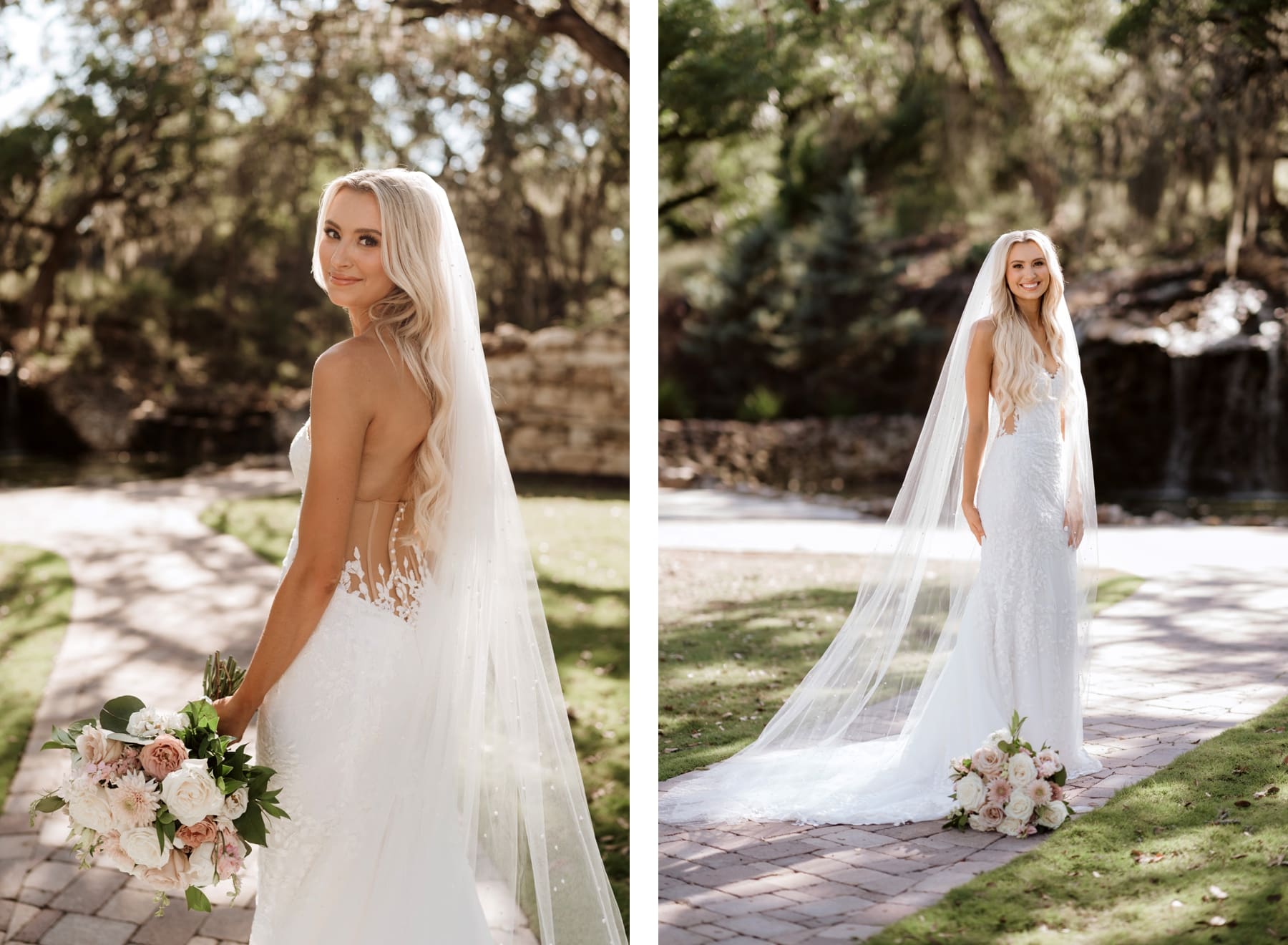 Bride looking over shoulder and standing in front of bouquet during bridal portraits