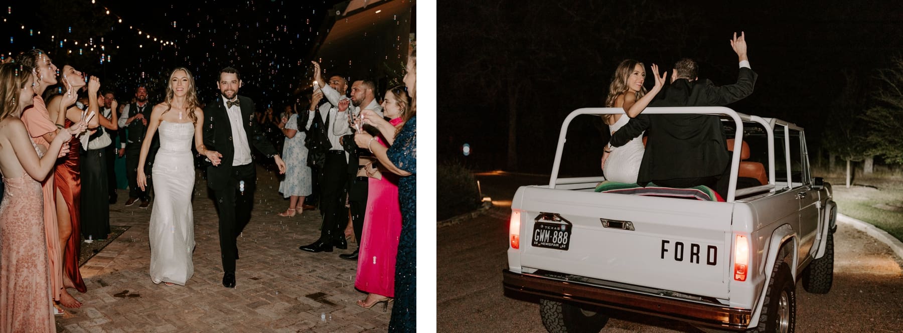 Bride and groom exiting reception with bubbles and leaving in vintage Ford Bronco