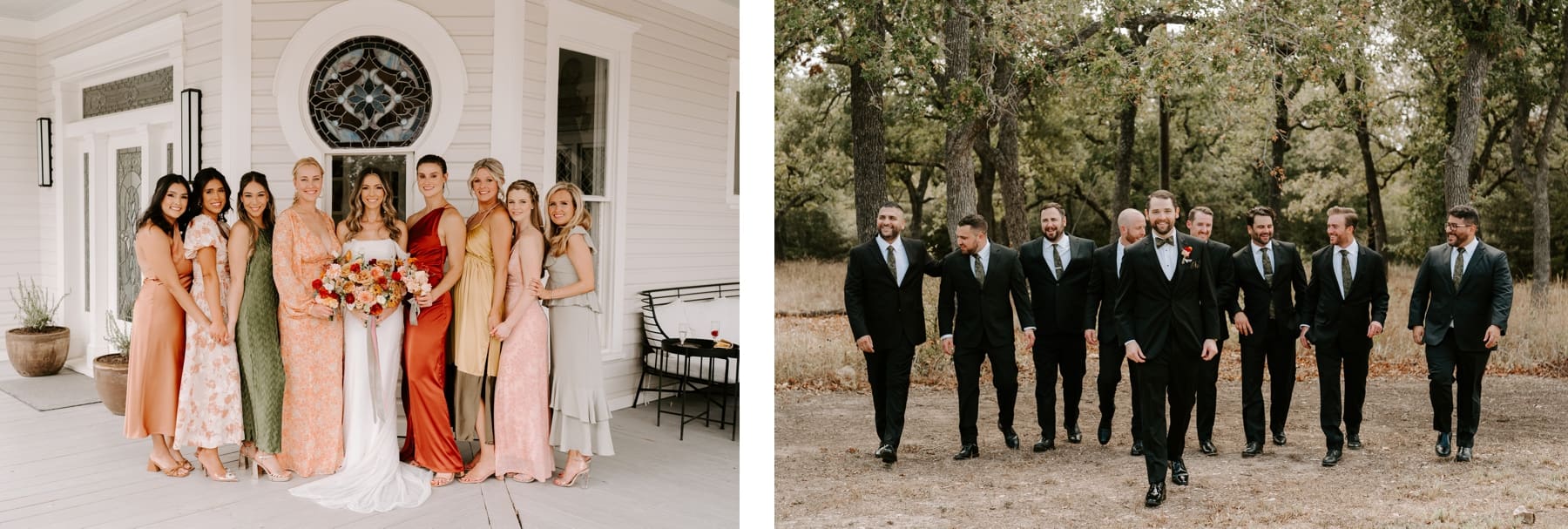 Bride with bridesmaids in mismatched dresses and groomsmen with groom in black suits