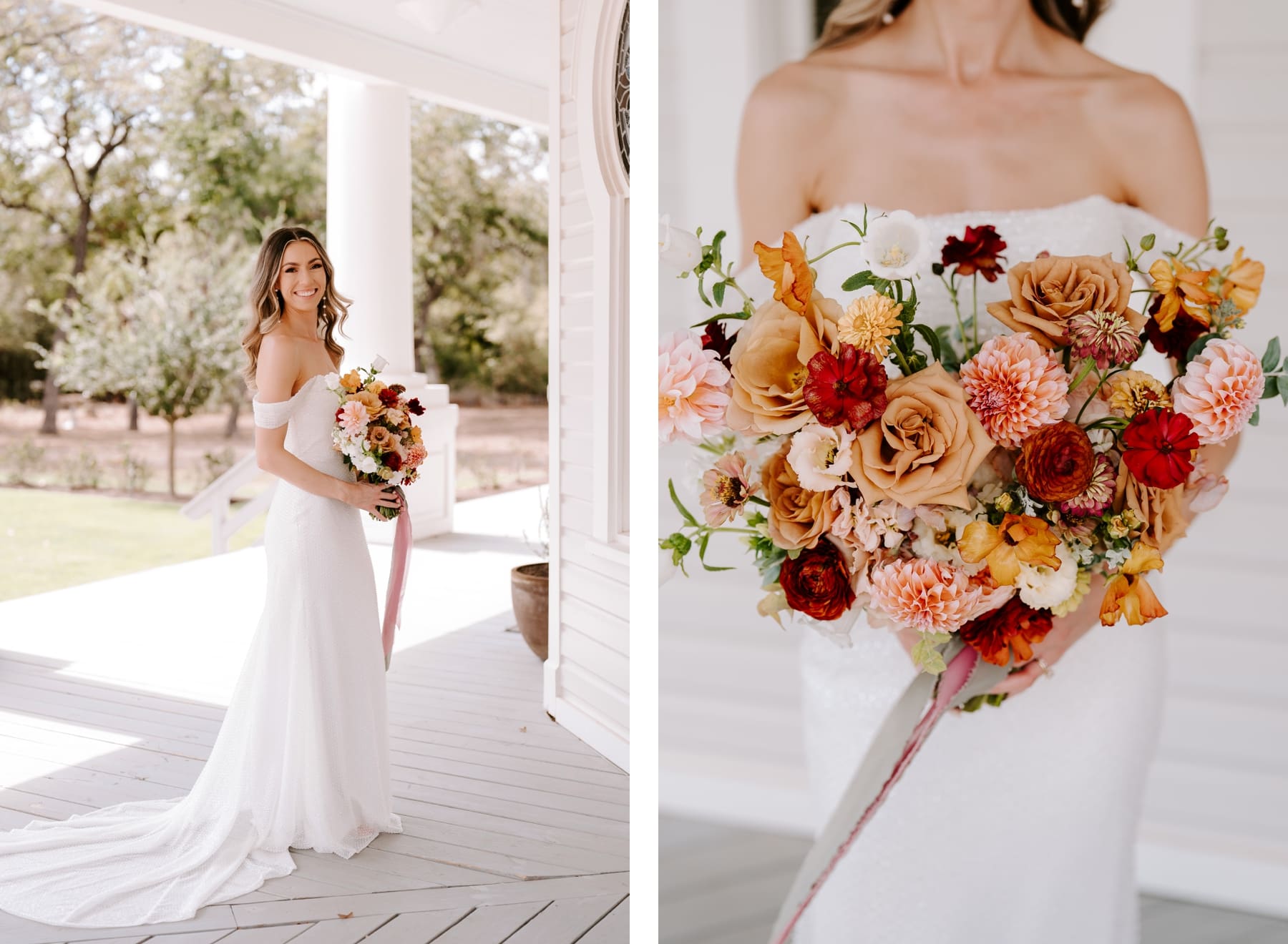 Bride holding boho bouquet featuring orange, pink, and burgundy flowers