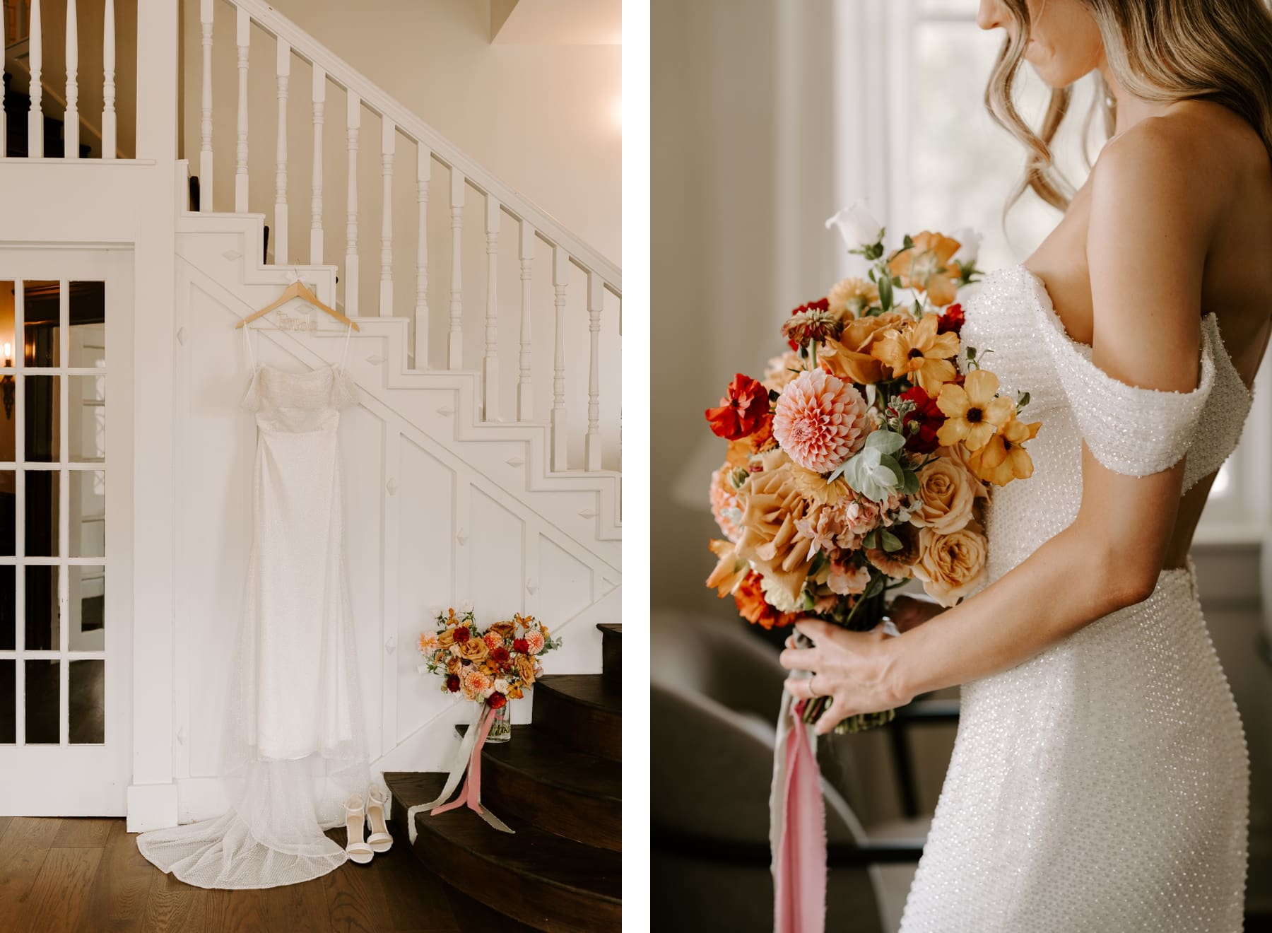 Dress hanging on staircase at The Grand Lady Austin | Bride wearing embellished dress holding boho bouquet