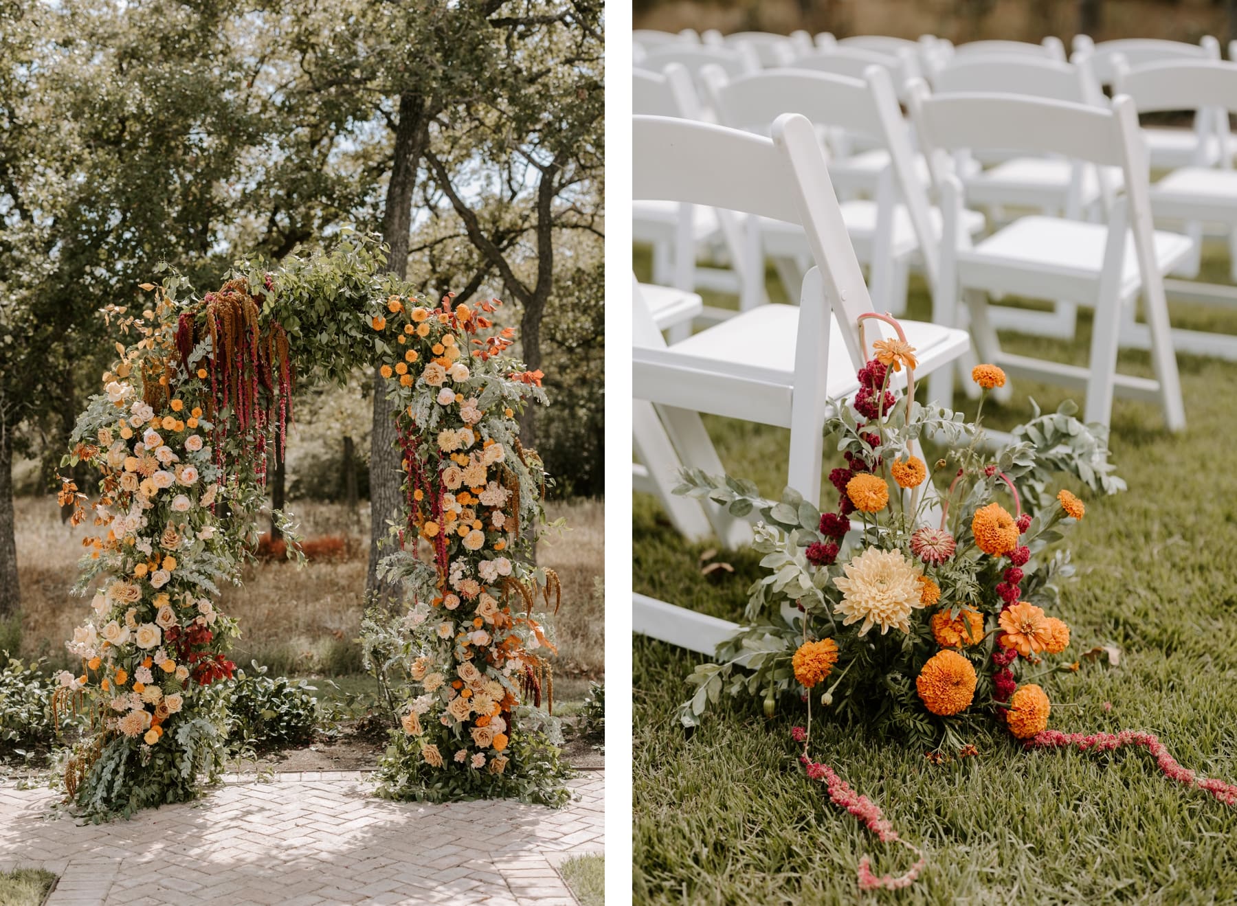 Boho floral arch with cream, orange, pink, and burgundy flowers and floral arrangement next to chair