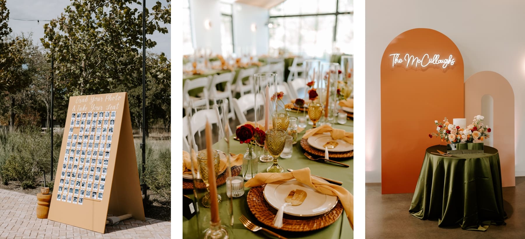Boho reception details including photo seating chart, eclectic reception table, and wedding cake with orange and cream arches behind it