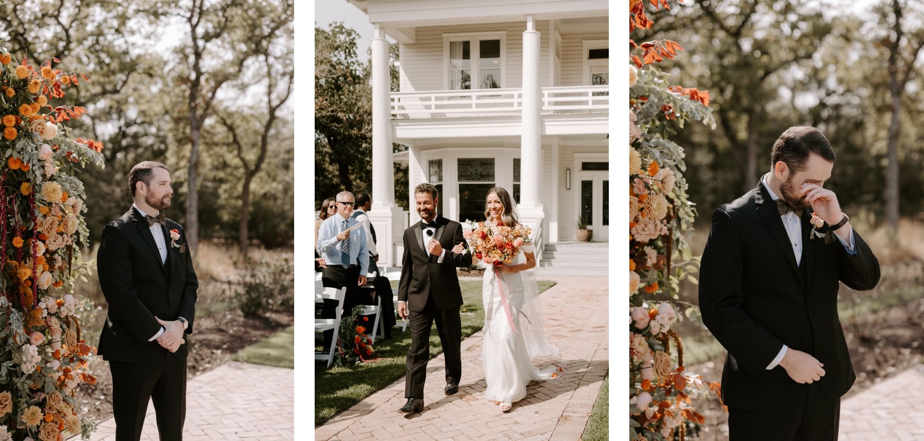 Groom tearing up watching bride walk down the aisle with dad at The Grand Lady Austin