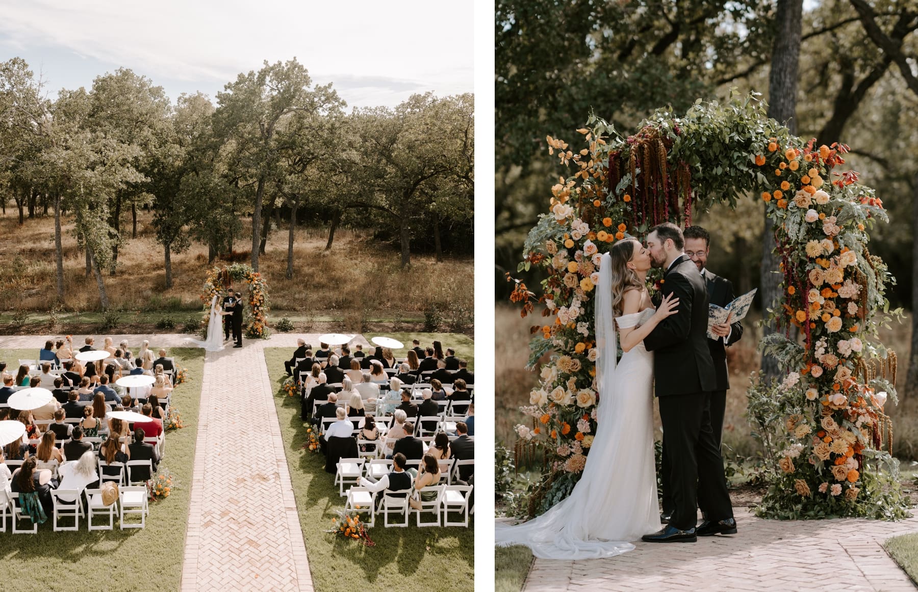 Overhead view of wedding ceremony at The Grand Lady Austin | Bride and groom kissing at end of ceremony