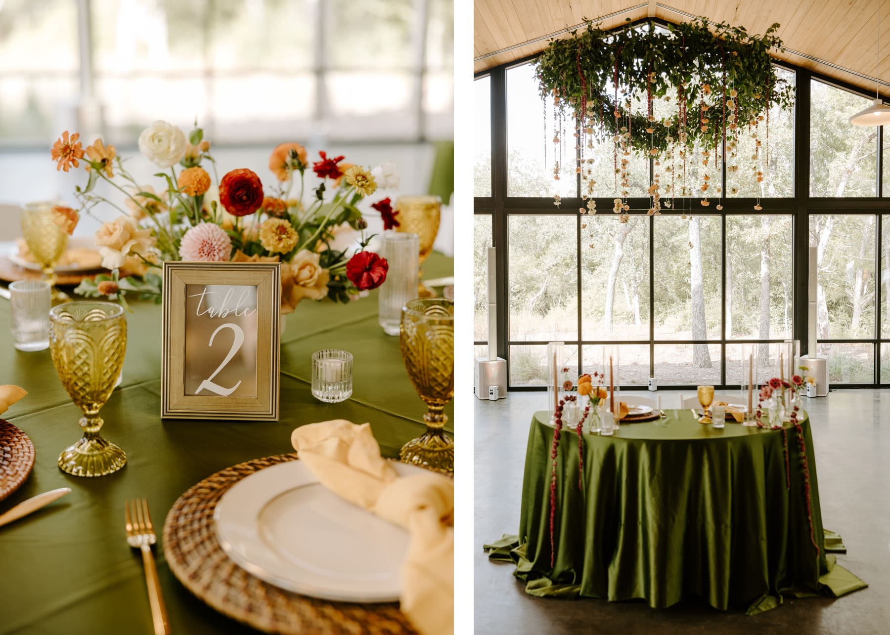 Boho wedding reception table and sweetheart table with floral wreath above table
