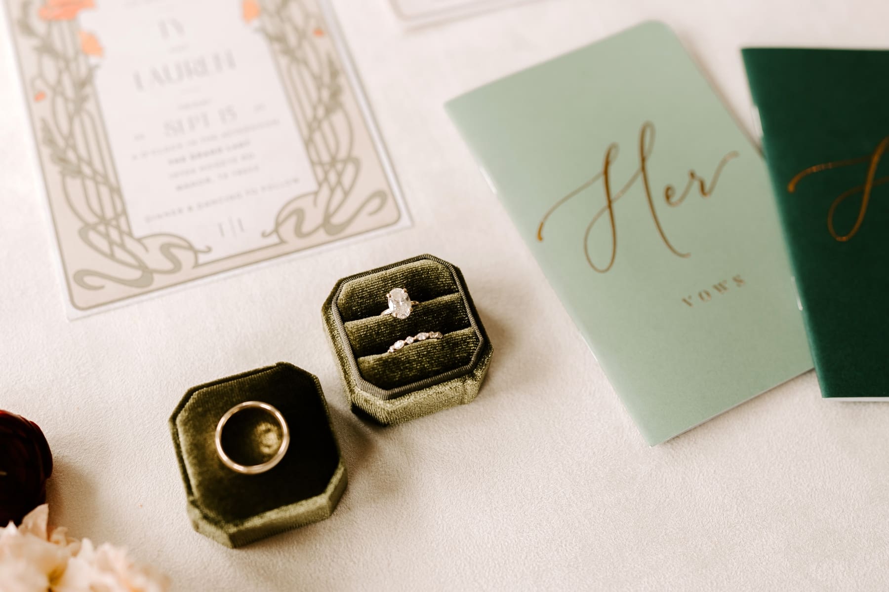 Moss green velvet ring box with green vow books and Art Deco wedding invitation 